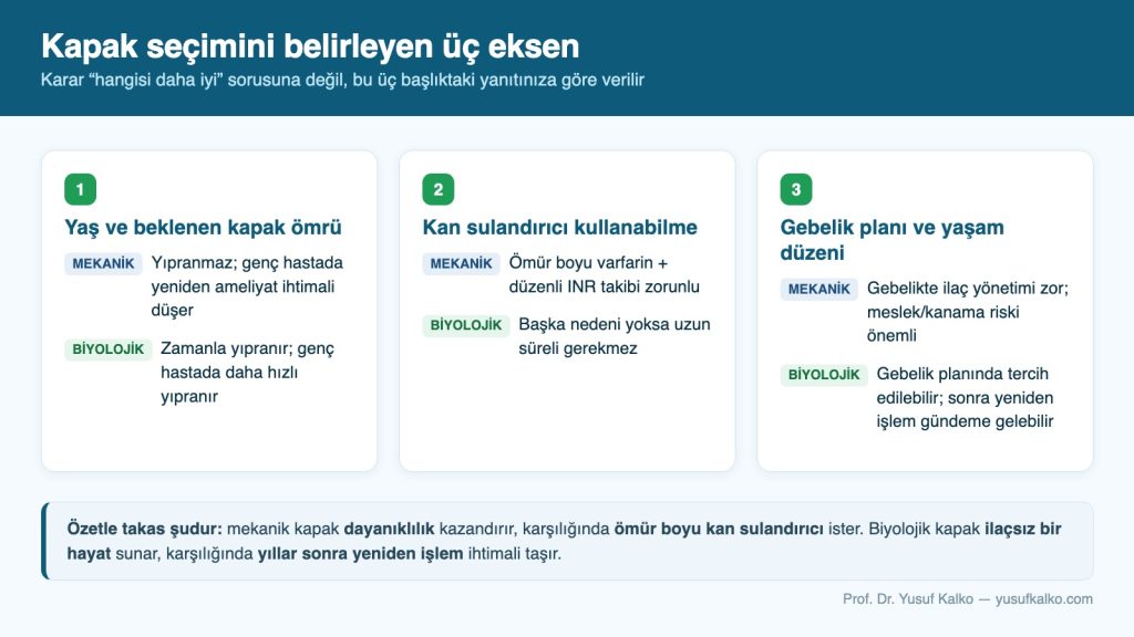 Kalp kapağı seçiminde belirleyici üç eksen: yaş ve kapak ömrü, kan sulandırıcı kullanabilme, gebelik planı