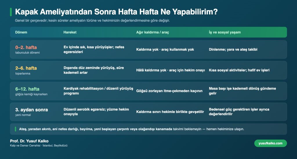 Kalp kapak ameliyatı sonrası hafta hafta hareket, ağır kaldırma, araç kullanımı ve işe dönüş takvimi
